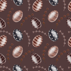 Watercolor hand drawn colorful easter eggs, leaves and flowers. Spring watercolor seamless pattern. Happy easter. Print for easter decorations. For easter cards, covers, posters, invitations