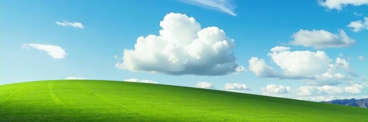Fototapeta premium A big fluffy cloud floats above the green grassy hill, vast, fluffy