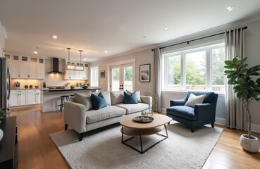 Fototapeta premium Bright living room with open kitchen in modern Canadian home. Beige sofa with blue pillows, cozy blue chair, wood floor and stylish coffee table. New interior design featuring comfort and elegance.