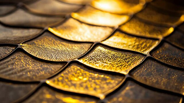 Golden scales shimmer under soft light, creating luxurious and textured surface.