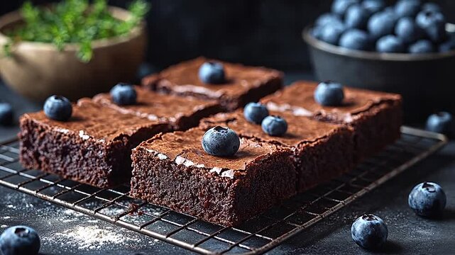 Delicious brownies topped with fresh blueberries on a cooling rack