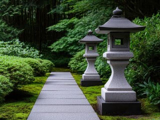 Fototapeta premium A tranquil meditation path in a minimalist Japanese garden, lined with stone lanterns and soft moss
