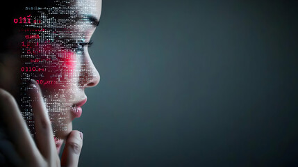 A woman with her face overlaid by digital information glows