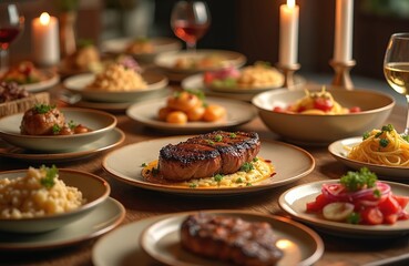 Gourmet dinner grilled steaks, pasta, salads on elegant table. Luxurious feast with wine, candlelight creates cozy festive ambience. Fine dining experience, food gathering, culinary celebration,
