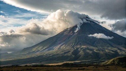 Fototapeta premium Impressive volcano peak rising above the landscape, partially shrouded in dynamic clouds under a blue sky. Evokes themes of power, nature's majesty, and adventure. Ideal for landscape backgrounds, tra