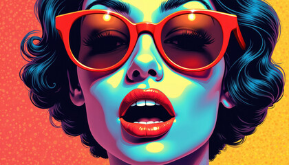 Vibrant pop art illustration of woman with red glasses, red lips and dark wavy hair. Retro modern graphics with catchy colors for vintage design concepts, ads, artistic campaigns.