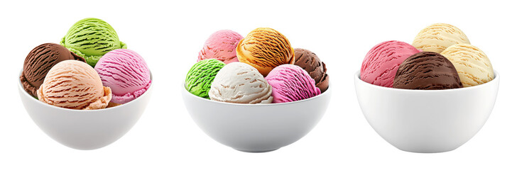 Fototapeta premium Colorful Ice Cream Scoops in White Bowls with Various Flavors and Textures