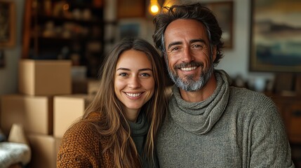 A delighted couple, newly arrived from their international relocation, stands in their living room amidst unpacked cardboard boxes.