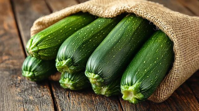 Fresh zucchinis in a burlap sack on a rustic wooden table