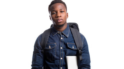 Fototapeta premium Serious black student holding books with transparent background