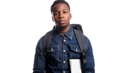 Serious black student holding books with transparent background