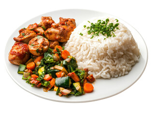 Fresh and vibrant plate of food featuring nutritious rice accompanied by colorful vegetables for a balanced meal isolated on a white background.