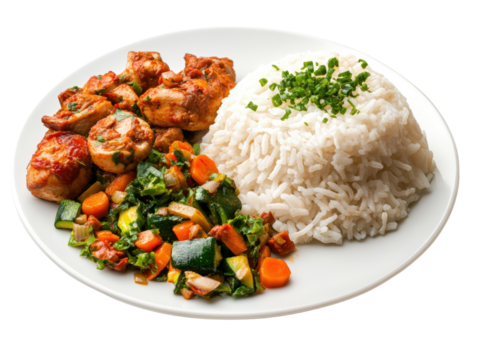 Fresh and vibrant plate of food featuring nutritious rice accompanied by colorful vegetables for a balanced meal isolated on a white background.