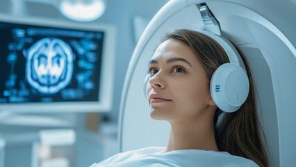 A woman examines a brain X-ray in a high-tech medical office, medical facility technology.