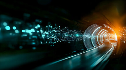 A futuristic digital tunnel with bright and blurred lights