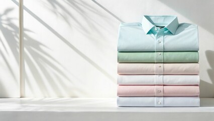 sustainable slow fashion concept, Stacked shirts in pastel colors arranged neatly with soft shadows in the background.