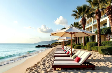 Obraz premium organization of recreation on the territory of a comfortable hotel on the seashore, with a sandy beach and palm trees. tourist destinations for recreation