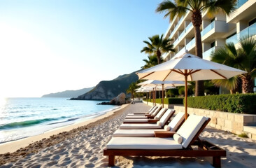 Obraz premium organization of recreation on the territory of a comfortable hotel on the seashore, with a sandy beach and palm trees. tourist destinations for recreation