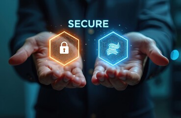 Specialist presents virtual security with open hands. Orange padlock, blue data stream symbols, emphasizing secure tech data protection in digital environment. Cybersecurity solution, encryption,