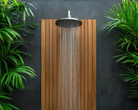 Minimalist outdoor shower at a wellness retreat, surrounded by bamboo and flowing water