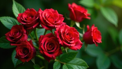 Obraz premium A bouquet of fresh red roses with greenery and foliage, organic, garden, foliage