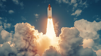 Rocket Launching Through White Cloud Formation.