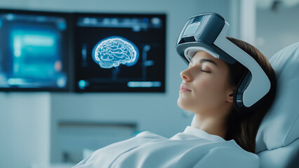A woman examines a brain X-ray in a high-tech medical office, medical facility technology.
