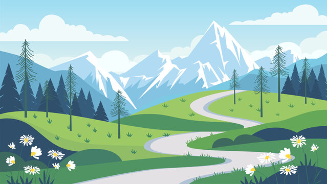 Beautiful road to the mountains vector landscape illustration. Stunning mountain landscape with green meadows, trees, forest, flowers and path. Hiking and traveling concept in the mountains.