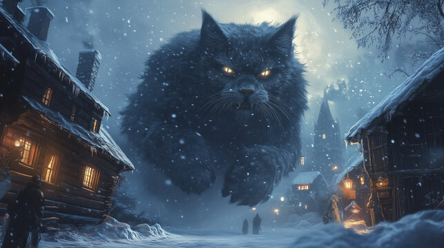 giant yule cat looming over a winter city &ndash; perfect for holiday-themed fantasy artwork, folklore-inspired designs, and festive storytelling