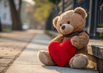 Obraz premium Lonely Teddy Bear Holding Red Heart on City Sidewalk