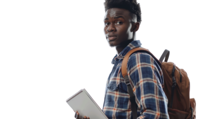 Confident african american student holding notebook and backpack on transparent background