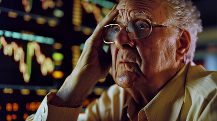 Stressed elderly investor watching the stock market crash. Worried old financial analyst analysing plummeting crashing stocks & shares. Global recession, world economic crisis
