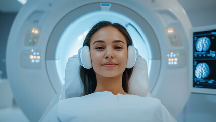 A female patient undergoing an MRI scan embodying the blend of technology and healthcare in a clinical setting,  medical facility technology.