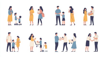 Linear vector isolated illustration set of Family lifestyle activity flat characters. Family maternity paternity leave, happy family, take care of baby, mother and newborn child, father with son.