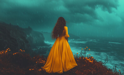 woman in a flowing yellow dress standing on a cliffside during a storm – perfect for book covers, fantasy art, and emotional storytelling visuals