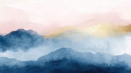 Fototapeta premium Watercolor art background vector. Wallpaper design with paint brush and gold line art. Earth tone blue, pink, ivory, beige watercolor Illustration for prints, wall art, cover and invitation cards.