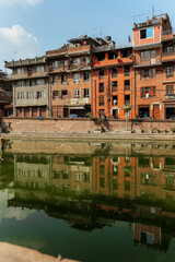 Nepal, Kathmandu old town houses with reflection in water