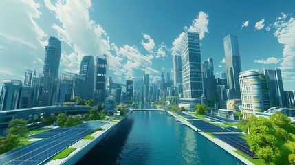Fototapeta premium Virtual Reality World Showcasing Solar-Powered Smart Cities