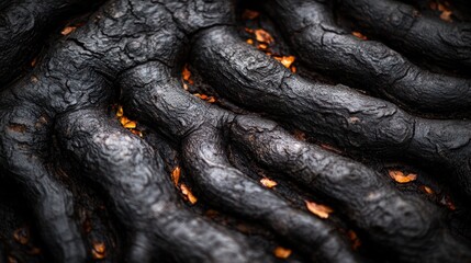 Charred tree roots, forest floor, wildfire aftermath, close-up