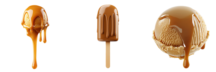 Dripping Caramel Sauce Over Ice Cream, Popsicle, and Sundae on White Background