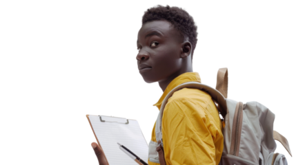 Young student holding clipboard and pen, looking over shoulder on transparent background