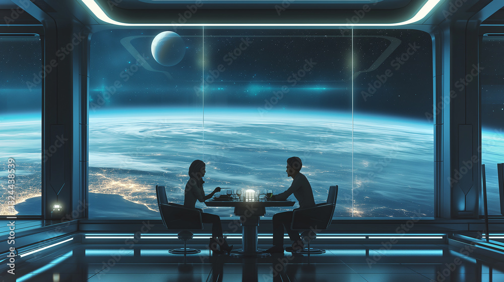 Poster this two passengers enjoy a meal while gazing at the stunning view of earth from space.