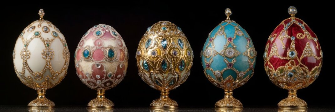 Five jeweled and decorated faberg&eacute; eggs stand on golden pedestals against a black background, creating a luxurious and elegant display