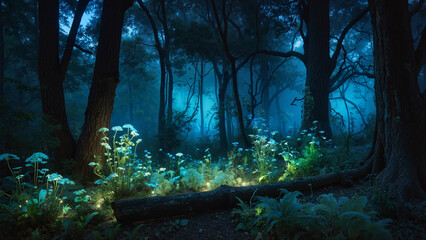 Naklejka premium Enchanted forest illuminated by soft blue light
