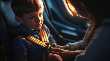 Flight attendant fastening seat belt to boy for a safe trip