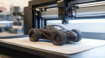 3d prototyping and 3d printing of a car, automobiles  at a large industrial 3d printer.  Abstract the concept car. Concept vector illustration 