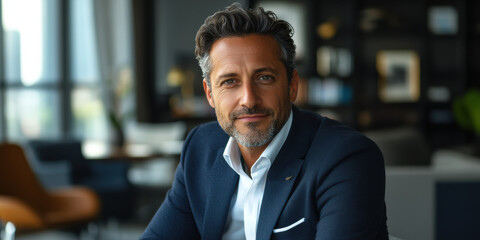 Confident businessman posing in modern office space professional portrait bright environment close-up view