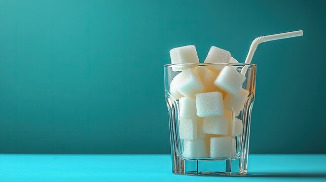 A glass full of sugar cubes, straw included, symbolizes sugary drinks' health risks choose a low sugar lifestyle.