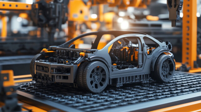 3d prototyping and 3d printing of a car, automobiles at a large industrial 3d printer. Automobile manufacturing.