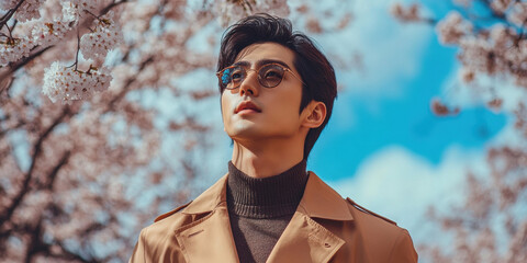 Captivating spring fashion photography cherry blossom park portrait serene atmosphere upward view style inspiration